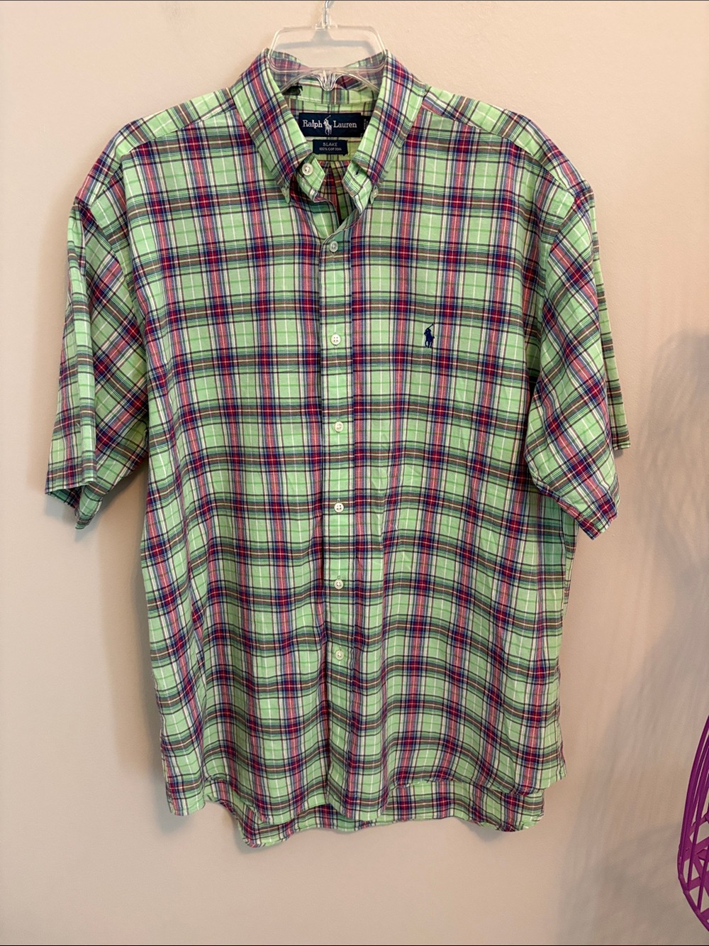 Ralph Lauren Short-Sleeve Plaid Button-Down Shirt in Light Green and Navy